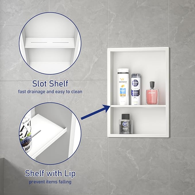 Stainless Steel Shower Niche 18" X 12" White with 2-Tiers Shelf No Tile Needed Niche Shower for Bathroom Storage Recessed Wall Niches Over Mount Installation
