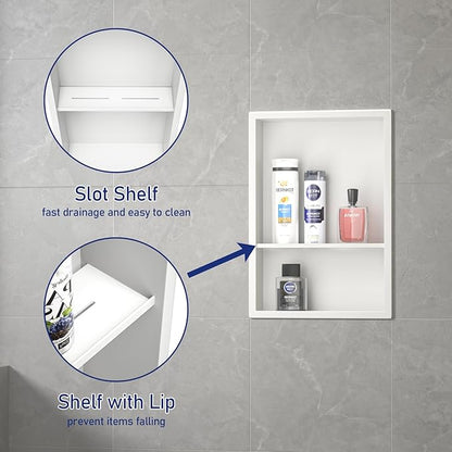 Stainless Steel Shower Niche 18" X 12" White with 2-Tiers Shelf No Tile Needed Niche Shower for Bathroom Storage Recessed Wall Niches Over Mount Installation