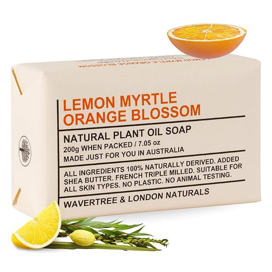 Wavertree & London Lemon Myrtle & Orange Blossom Scented 100% Natural Soap Bar, 7oz Moisturizing French Triple Milled Soap Bar for Women & Men Enriched with Shea Butter, Pure Bath & Body Soap (1 Bar)
