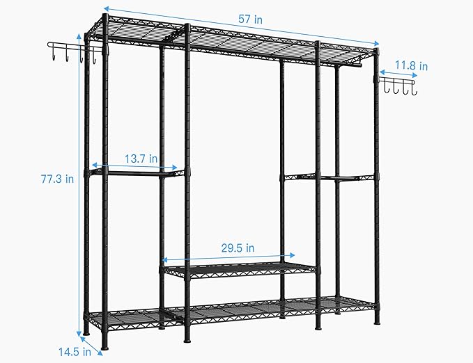 Ulif E3 Heavy Duty Garment Rack, 4 Tiers Freestanding Closet Organizer System with 5 Shelves, Metal Closet Organizer and Storage System for Clothes, Max Load 650lbs, 57.1"W x 14.5"D x 77.3"H, Black