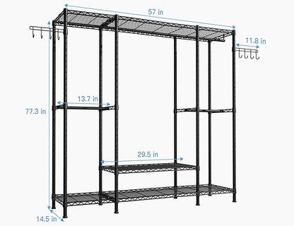 Ulif E3 Heavy Duty Garment Rack, 4 Tiers Freestanding Closet Organizer System with 5 Shelves, Metal Closet Organizer and Storage System for Clothes, Max Load 650lbs, 57.1"W x 14.5"D x 77.3"H, Black
