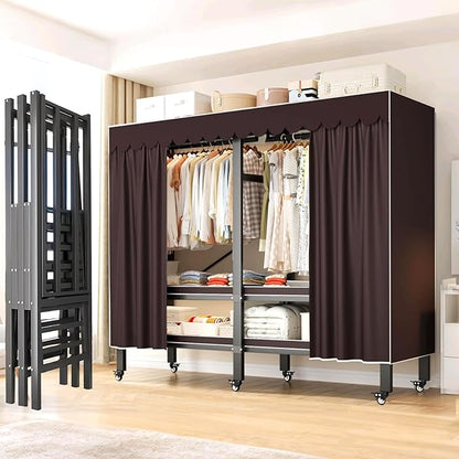 Heavy Duty Clothes Rack with Magnetic Door, Metal Foldable Covered Clothes Rack, Portable Wardrobe Closet System for Hanging Clothes, Rolling Garment Racks for Bedroom (Brown Zipper, 66in)