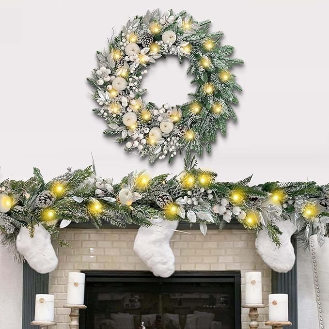 WANNA-CUL Pre-Lit 30 Inch Large Christmas Wreath for Front Door with 50 Led Lights,Silver White Lighted Christmas Door Wreath Decor with White Apples and Berries, Battery Operated