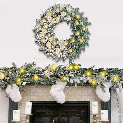 WANNA-CUL Pre-Lit 30 Inch Large Christmas Wreath for Front Door with 50 Led Lights,Silver White Lighted Christmas Door Wreath Decor with White Apples and Berries, Battery Operated