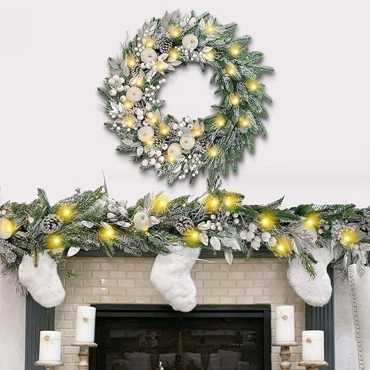 WANNA-CUL Pre-Lit 30 Inch Large Christmas Wreath for Front Door with 50 Led Lights,Silver White Lighted Christmas Door Wreath Decor with White Apples and Berries, Battery Operated