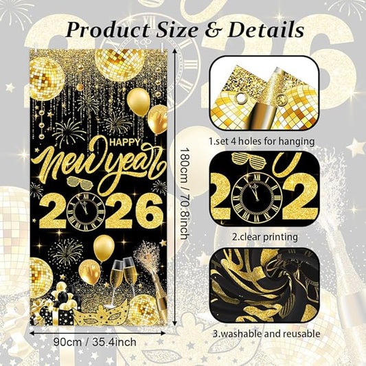 2026 Happy New Year Banner Black and Gold Photography Background New Years Eve Party Decoration Backdrop Holiday Party Hanging Poster Background Banner 35.4x70.8 inch