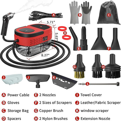Handheld Steam Cleaner for Home, 2500W High Temperature Pressurized Machine, 1.6L Water Tank, Handle-controlled Steam Output, Portable Cleaning Steamer for Car, Bed Bugs, Furniture, Grout (Red)