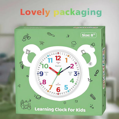 Wall Clock 10 Inch for Kids Learning Kids Teaching Clock Analog Silent Battery Operated Colorful Teaching Time Clock Decorative for Kids Room Kitchen School (White Grain)