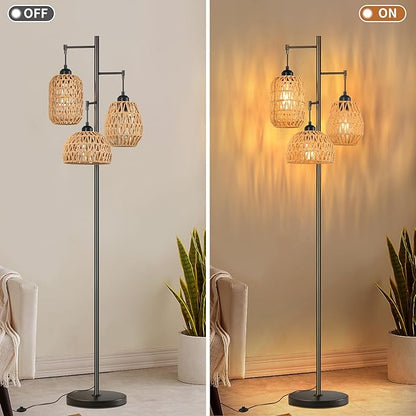 Boho Floor Lamp for Living Room Bedroom,Farmhouse Floor Lamps with 3 Rattan Wicker Shades,Rustic Black Vintage Standing Lamp Light 68" Tall Tree Floor Lamp for Office,Reading,Corner