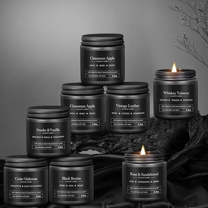 Men's Aromatherapy Gift Set - 8 Candles with Manly Scents (Leather, Smoke, Oak) in Black Candle Jars | Scented Candles for Home, Fall Decor | Perfect for Birthdays, Father's Day | Gifts