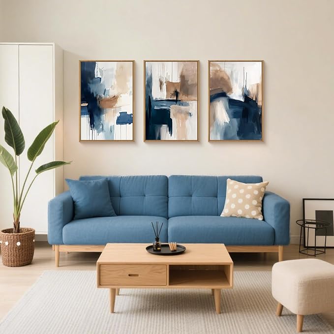 Large Abstract Brush Stroke Framed Canvas Wall Art,Modern Pastel Wall Decor,Neutral Navy Blue Art Prints, Minimalist Watercolor Brown Artwork for Living Room,Bedroom,Dining Room-24"x36"x3