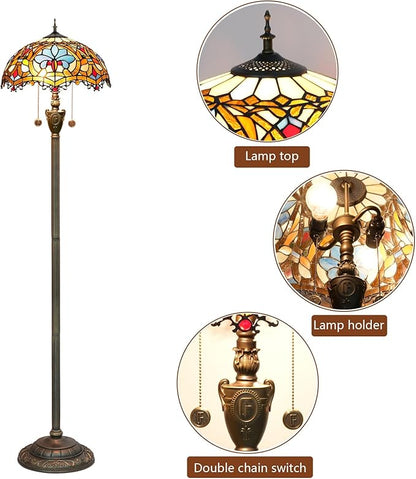Tiffany Floor Lamp Stained Glass Floor Light Bright Lighting Rustic Standing Lamp Vintage Unique Bronze Reading Corner Lamp for Home Decor Living Room Bedroom 16X16X64 Inches