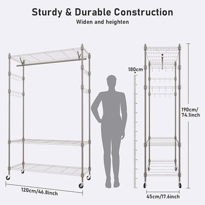Heavy Duty Clothes Rack, Adjustable Rolling Garment Rack with Shelves, Freestanding Wardrobe Rack 1 Clothes Hanging Bar, 3 tired Wire Shelving, 4 Hanger Hooks - Hold Up to 400Lbs (Gray, 1Rod 4Hook)