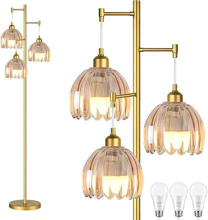 Gold Floor Lamps for Living Room Bedroom-3 Light Glass Floor Lamp with Three Led Bulb, Rustic Tall Floor Lamp Gold Standing Lamp Tree Floor Lamps for Living Room Bedroom,Office,Corner