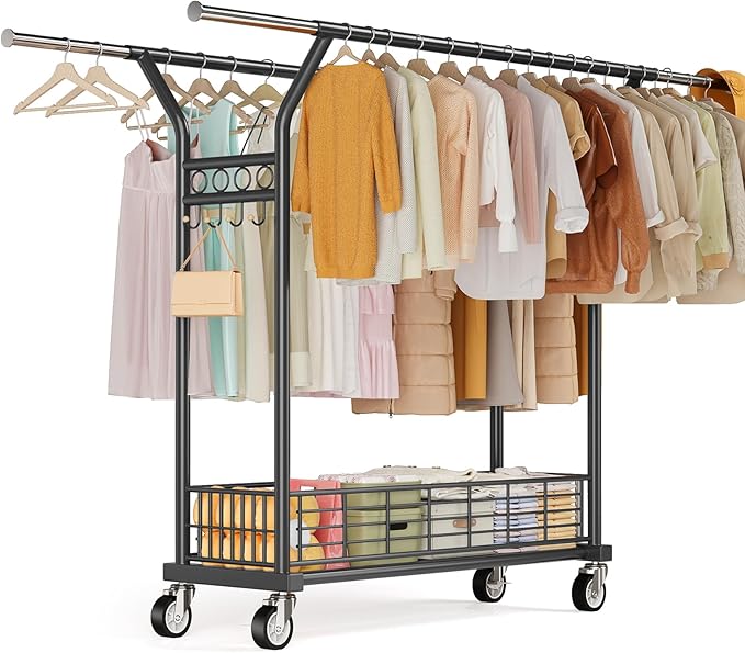Heavy Duty Clothes Rack - Double Rod Clothing Racks for Hanging Clothes, Portable & Adjustable Garment Rack with Wheels, Rolling Clothes Rack Load 670LBS for Bedrooms, Laundry, Closet (Black)