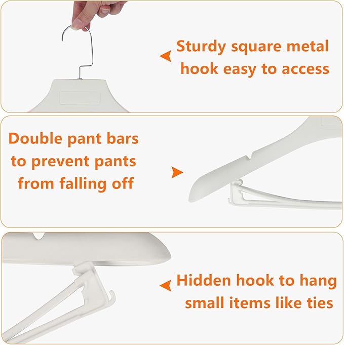 DEDU Suit Hangers for Men 15 Pack Width 17.7", Ivory White Coat Hangers no Shoulder Bump Non Slip for Thick Sweaters, Plastic Extra Wide Shoulder with Pants Bar & Metal Hook