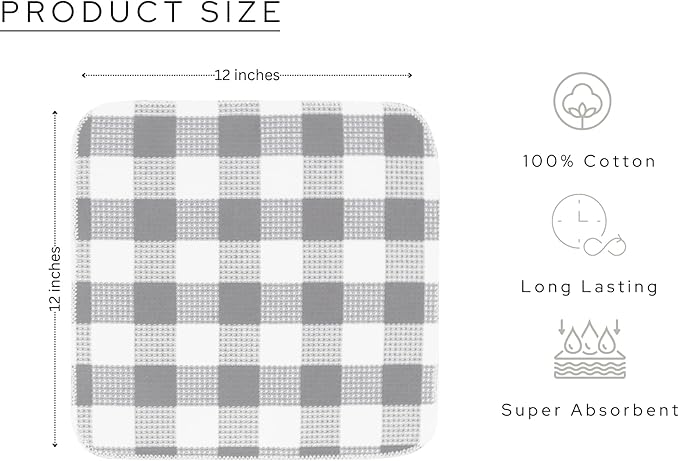 Waffle Weave Plaid Dish Cloths, 100% Cotton - 12 x 12 Inches, Ultra Soft Absorbent Quick Drying Dish Towels Buffalo Check Dish Rags for Kitchen, 8 Pack - Fall Thanksgiving - Grey & White