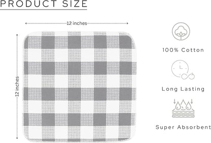Waffle Weave Plaid Dish Cloths, 100% Cotton - 12 x 12 Inches, Ultra Soft Absorbent Quick Drying Dish Towels Buffalo Check Dish Rags for Kitchen, 8 Pack - Fall Thanksgiving - Grey & White