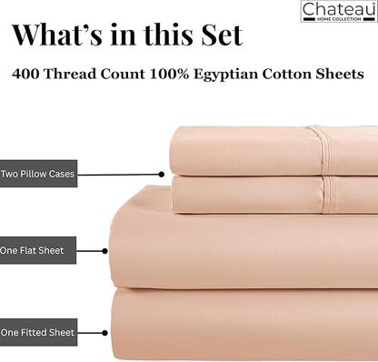 CHATEAU HOME COLLECTION 100% Egyptian Cotton King Size Sheets Set - 400 Thread Count Luxury Sateen Weave, Soft Breathable & Cooling, 15" King Sheets Deep Pocket-Blush