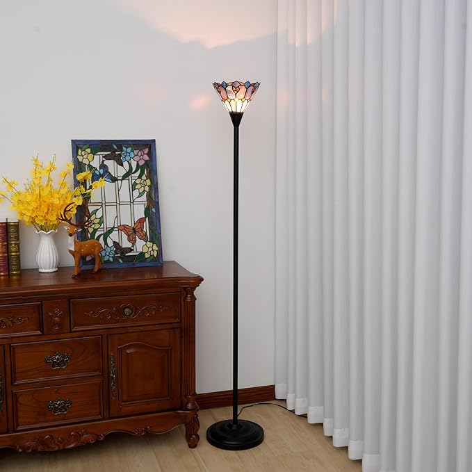 Tiffany Stained Glass Torchiere Floor Lamp Tiffany Style Standing Corner Light Antique Handcrafted Pole Floor Reading Uplight Lamp (Bulb Include)