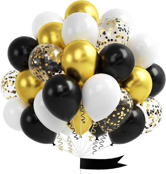 Metallic Gold and Premium Latex Black White Balloons, 60Pcs 12 Inch Black Gold Confetti Balloons with Black and Gold Ribbons Set for Birthday Graduation Baby Shower Wedding Party Decorations