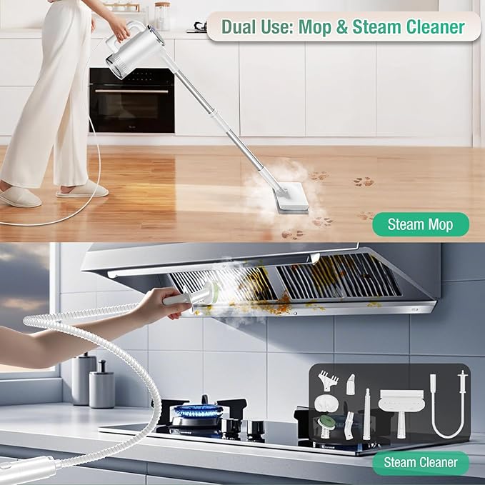 11-in-1 Steam Mop - Detachable Handheld Steam Cleaner with 380mL Tank, 260℉ Floor Steamer for Hardwood, Tile, Grout, Windows, Bath & Kitchen - 3-Level Steam Control, Multi-Purpose Floor Steam Cleaner