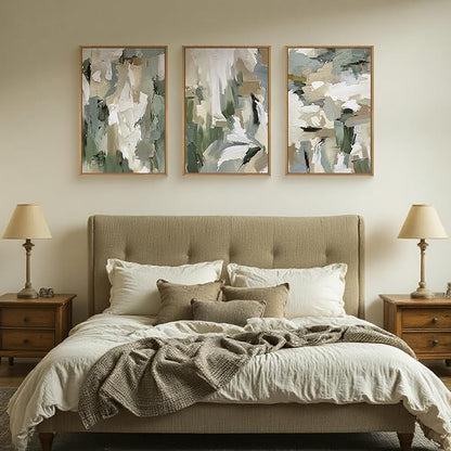 Large Abstract Green Beige Framed Canvas Wall Art Set,Neutral Brush Stroke Watercolor Wall Painting,Modern Minimalist Artwork for Living Room,Bedroom,Dining Room,Office -24"x36"x3
