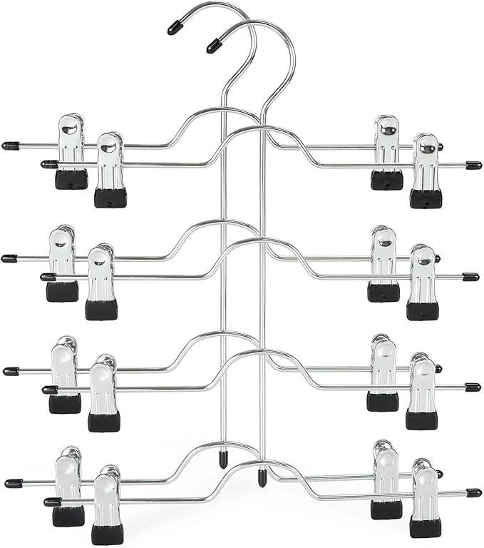 TOPIA HANGER 4 Tier Metal Skirt Hangers for Women, Pants Hanger Space Saving with Adjustable Clips, Gain 70% More Space, Non Slip Grip for Slacks, Trousers, Shorts, Jeans, Towels, Black, 2-Pack, CT20B