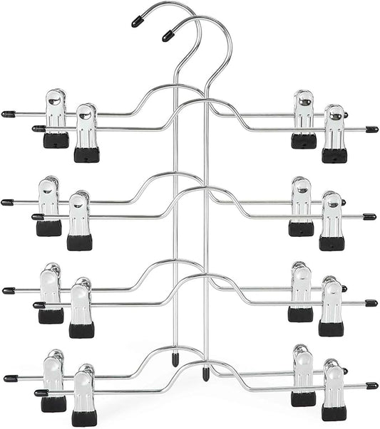 TOPIA HANGER 4 Tier Metal Skirt Hangers for Women, Pants Hanger Space Saving with Adjustable Clips, Gain 70% More Space, Non Slip Grip for Slacks, Trousers, Shorts, Jeans, Towels, Black, 2-Pack, CT20B