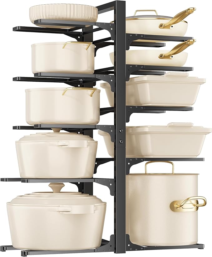 MUDEELA 10-Tier Pots and Pans Organizer under Cabinet, Heavy Duty Adjustable Pot Pan Organizers inside Cabinet, Kitchen Cabinet Organizers and Storage for Big Stockpots, Heavy Cookware