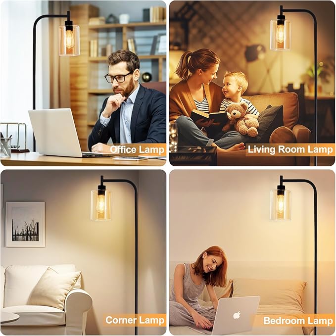 DLLT Floor Lamp Tall for Room: Black Standing Lamp with Amber Glass Lampshade for Living Room - Modern Bright Lamp for Bedroom - Industrial Corner Floor Lamps for Office 8W Led Bulb Included