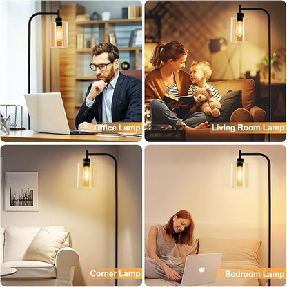 DLLT Floor Lamp Tall for Room: Black Standing Lamp with Amber Glass Lampshade for Living Room - Modern Bright Lamp for Bedroom - Industrial Corner Floor Lamps for Office 8W Led Bulb Included