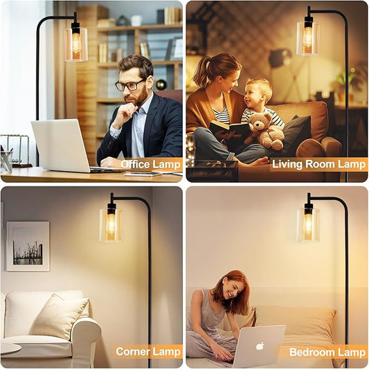 DLLT Floor Lamp Tall for Room: Black Standing Lamp with Amber Glass Lampshade for Living Room - Modern Bright Lamp for Bedroom - Industrial Corner Floor Lamps for Office 8W Led Bulb Included