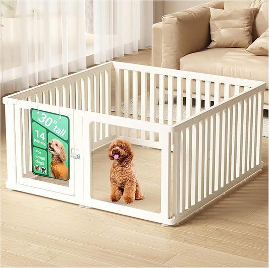 Transparent 14-Panel Dog Playpen, Acrylic Indoor/Outdoor Puppy Pen for Small & Medium Dogs, 30 Inch with Door, White(Ventilated Design 50 * 50 Single Room,30 inch)