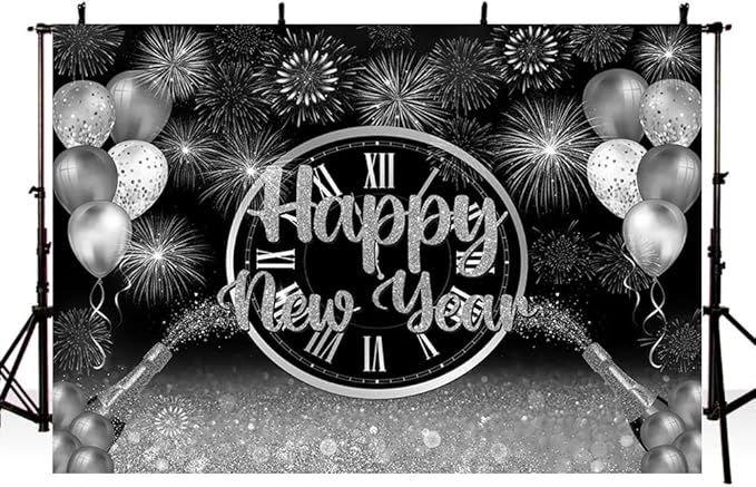 MEHOFOND 7x5ft Happy New Year Backdrop Silver 2026 New Year Eve Party Decorations Banner Supplies Shining Champagne Balloons Firework Photography Background New Years Eve Photo Studio Props