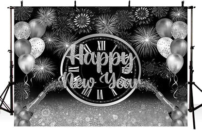 MEHOFOND 7x5ft Happy New Year Backdrop Silver 2026 New Year Eve Party Decorations Banner Supplies Shining Champagne Balloons Firework Photography Background New Years Eve Photo Studio Props