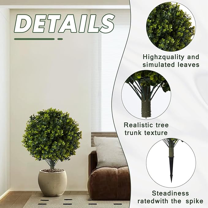 Pair(2) Artificial Boxwood Topiary Ball Bush for Outdoor with Ground Spike,30" UV Resistant Faux Boxwood Ball Tree, Fake Green Boxwood Plants for Garden, Yard, Porch, Patio Decor