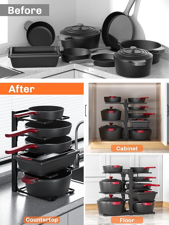 MUDEELA 8-Tier Pan Organizer Rack for Kitchen Cabinet Storage and Organization, 15.83" Height Heavy Duty Pots and Pans Organizer under Cabinet, Adjustable Pot Organizer Rack