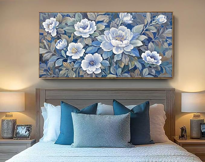 ARTZON Framed Extra Large Canvas Wall Art Blue Floral Peony Blossom Picture Botanical Flower Prints Oversized Horizontal Art work for Wall Decor Home Above Bed Dining Room Living Room Hallway 58"x29"