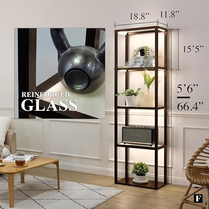 FENLO LED Display Shelf with Lights – Curio Cabinet for Collectibles with Dimmable Lighting, App & Remote Control – 66” Glass Shelf Floor Lamp with Adjustable Color Temps Fantasy Plus Pro