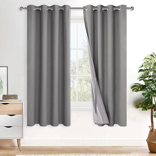 XWZO Full Shading Blackout Curtains 72 Inches Length - Heat and Light Blocking Ring Top Window Drapes with Black Liner Backing for Bedroom Sewn with Tiebacks, Grey, W52 x L72, Set of 2