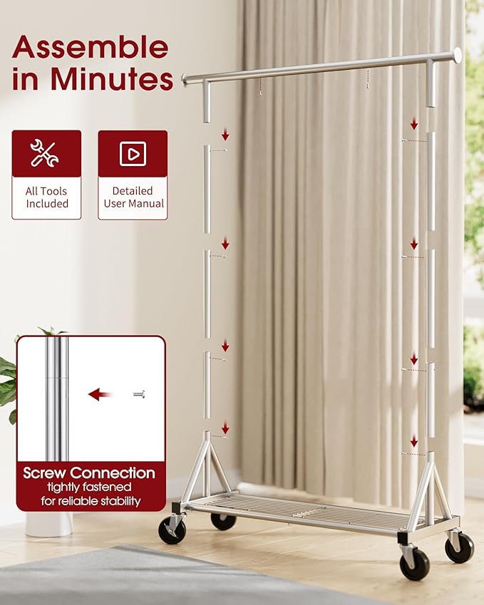 Stainless Steel Rolling Clothes Rack with Mesh Shelf, Lockable Wheels & Anti-Slip Stoppers, Freestanding Clothing Organizer for Bedroom, Laundry Room, 42.5" x 16.5" x 65.9", Silver