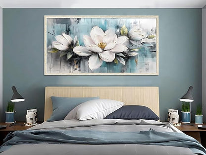 Ardemy Magnolia Wall Art Framed Large Canvas Wall Decor Living Room, White Floral Pictures Wall Decor Teal Paintings FlowerTextured Artwork for Bedroom Dining Room Home Office, 40"x20"