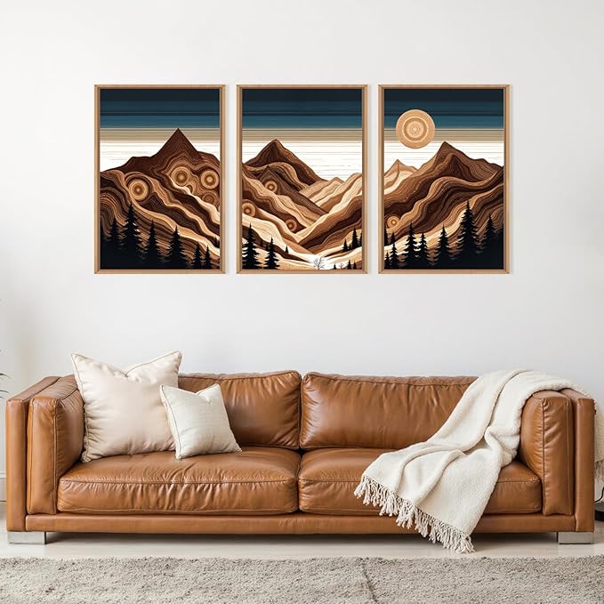 Large Abstract Mountain Woodcut Framed Canvas Wall Art,Modern Tree Ring Wall Decor,Sunrise Ridge Scenery Wall Painting,Retro Desert Artwork for Living Room,Bedroom,Dining Room,Office -16"x24"x3