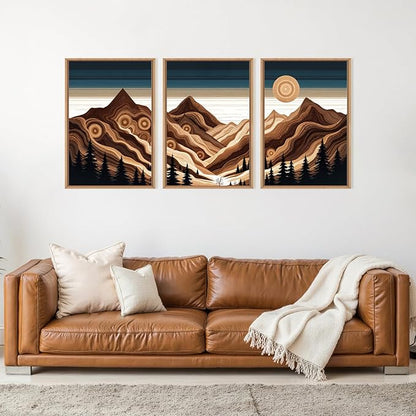 Large Abstract Mountain Woodcut Framed Canvas Wall Art,Modern Tree Ring Wall Decor,Sunrise Ridge Scenery Wall Painting,Retro Desert Artwork for Living Room,Bedroom,Dining Room,Office -16"x24"x3