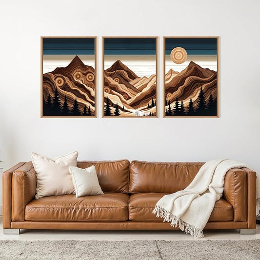 Large Abstract Mountain Woodcut Framed Canvas Wall Art,Modern Tree Ring Wall Decor,Sunrise Ridge Scenery Wall Painting,Retro Desert Artwork for Living Room,Bedroom,Dining Room,Office -24"x36"x3
