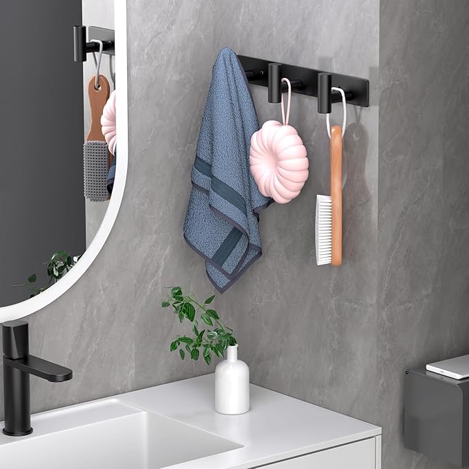 Coat Rack Wall Mounted-3 Hooks,Heavy Duty Stainless Steel Wall Hooks for Towel Coat Bag, Hat Rack Coat Hanger Coat Hooks Towel Racks for Bathroom Entryway Kitchen Hotel Office (Black, 2 Packs)