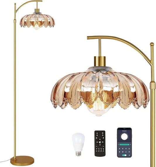 Arc Floor Lamp with 3 Color Temperatures,Gold Floor Lamp with Remote & 3 Color Temperature,Mid Century Modern Standing Lamp with Glass Lampshades,Vintage Tall Floor Lamps for Living Room Bedroom