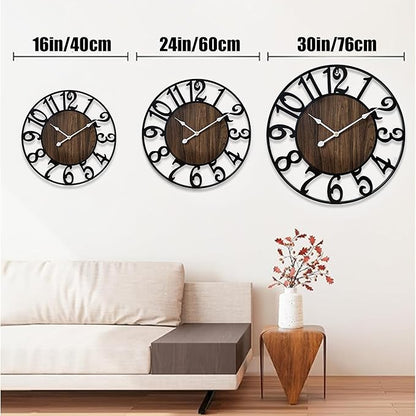 24 Inch Large Wall Clock for Living Room Bedroom Kitchen Mantel Decor, Silent Battery Operated Decorative Non Ticking Metal Round Modern Farmhouse Arabic Numerals Big Clock Wall Decor