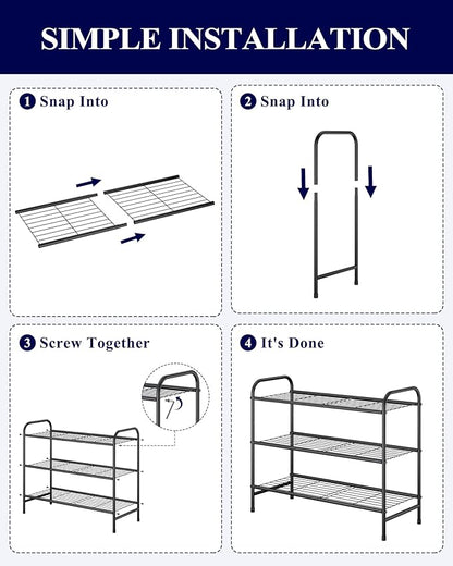 Kitsure Shoe Rack - Stainless Steel Shoe Organizer, Sturdy Shoe Rack for Closet and Front Door Entrance, Free Standing Shoe Shelf, Closet Organizers and Storage, 25.6" Wide - 3 Tier, Black